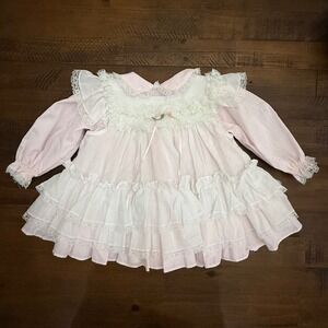 RARE Vintage 90s Bryan Girls Pink Lace Ruffle Dress w/ Apron Long Sleeve 18 m